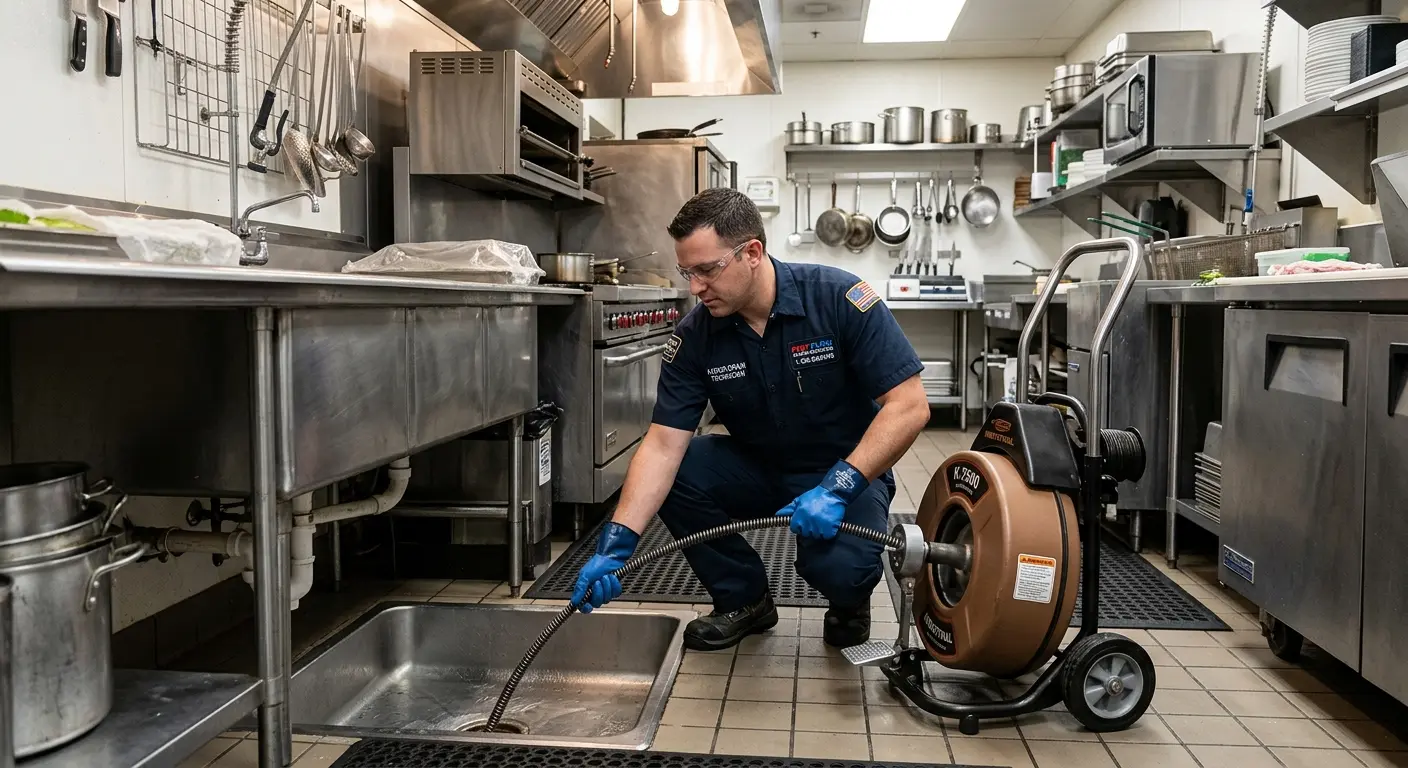Commercial drain cleaning service in a restaurant kitchen in Ludlow