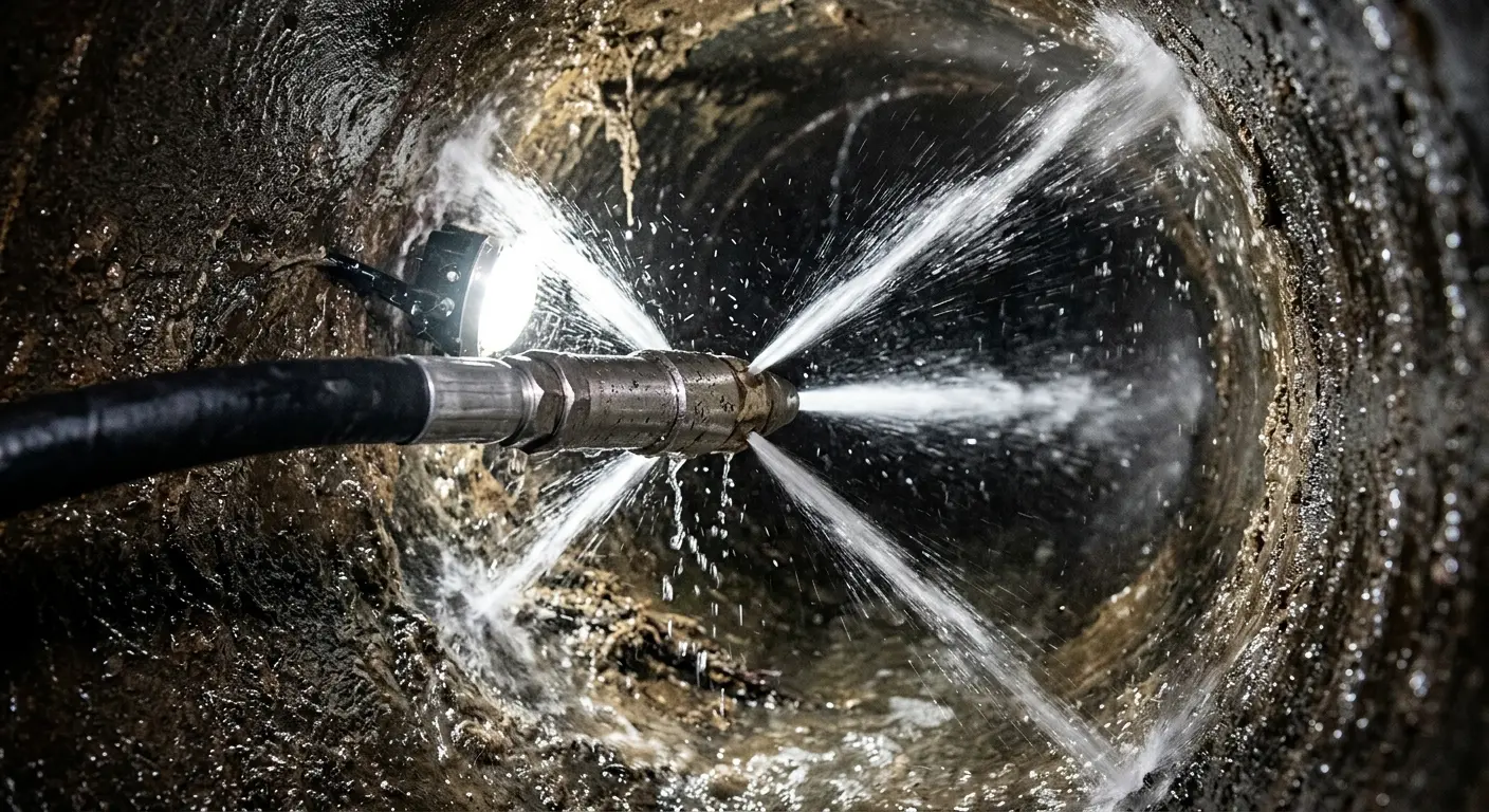 High-pressure hydro jetting nozzle cleaning sewer pipe for Sewer Line Relining in Ludlow