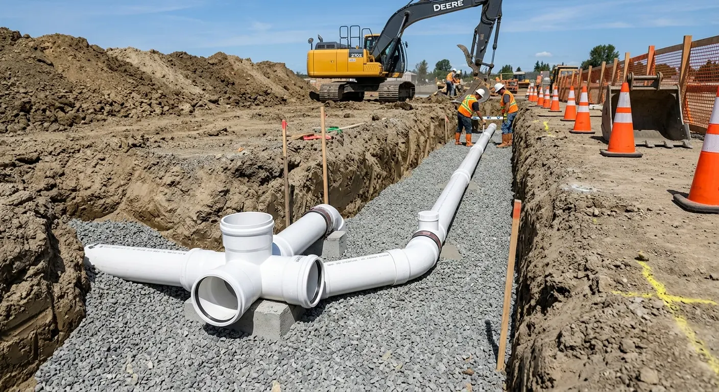 New PVC sewer pipe installation in open trench for Sewer Backup in Ludlow