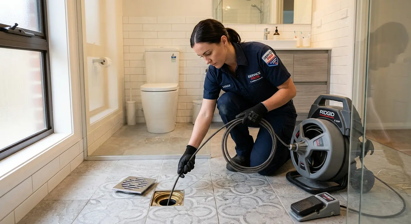 Technician clearing a bathroom floor drain for Sewer Line Installation in Ludlow